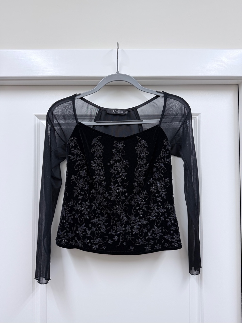 CDC Signature Collection Vintage Y2K Beaded Velvet Sheer Mesh Top Black S